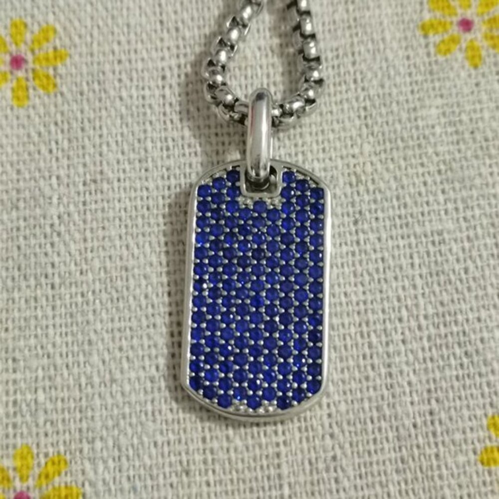 David Yurman Sterling Silver Streamline Dog Tag With Blue Sapphires - Picture 5 of 5